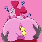 1girl 2019 ??? anal_beads anonymous anus better_edit black_eyes cartoon_network dark_skin edit looking_at_viewer looking_back pac-man_eyes pink_background pink_hair pink_skin pussy spinel spinel_(steven_universe) steven_universe