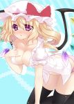 1girl :o adult alternate_breast_size bent_over black_legwear blonde_hair blush bow breasts cleavage collarbone crystal curly_hair flandre_scarlet hair_curls hat hat_bow high_res highres kazami_chiu navel no_pants off_shoulder panties pink_hair purple_eyes shirt short_hair side_ponytail solo stockings striped striped_panties thighhighs touhou underwear wings