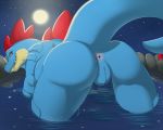 anthro anus ass bent_over feraligatr full_moon looking_back nude orange_eyes pokemon pussy reptile scalie smile solo water