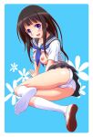  1girl black_hair blue_background blush breasts chitanda_eru feet harukaze_soyogu highres hyouka long_hair nipples no_shoes panties pantyshot purple_eyes school_uniform serafuku single_shoe skirt socks soles solo toes underwear upskirt white_panties 