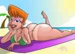 beach bikini black_eyes breasts bubble_butt cleavage dexter's_laboratory dexter's_mom ear_piercing earrings jewelry lipstick milf ocean orange_hair piercings red_lipstick shiny shiny_skin short_hair smile solo string_bikini tan tan_line wide_hips