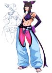  1girl ass baggy_pants barefoot blush brown_hair capcom cosine detached_sleeves drill_hair elbow_gloves feet fingerless_gloves gloves halter_top halterneck hand_on_hip highres juri_han multiple_views nail_polish no_bra pants purple_eyes purple_nails short_hair sketch smile street_fighter street_fighter_iv street_fighter_iv_(series) super_street_fighter_iv toeless_socks toes toned turnaround twin_drills 