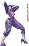  1girl arms_behind_head black_hair breasts capcom center_opening diepod drgnpnch high_heels highres juri_han md5_mismatch mecha mechanization medium_breasts pointy_hair purple_eyes robot shoes short_hair solo street_fighter street_fighter_iv street_fighter_iv_(series) super_street_fighter_iv 