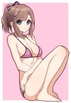 1girl 1girl asymmetrical_bangs bangs bare_legs barefoot bikini blue_eyes bow breasts brown_hair cleavage closed_mouth eyebrows_visible_through_hair feet full_body hair_bow hair_ornament hairclip high_resolution legs looking_at_viewer medium_breasts medium_hair nijisanji parted_bangs pink_background pink_bikini ponytail rudorofu side-tie_bikini simple_background sitting smile suzuhara_lulu swimsuit thighs tied_hair virtual_youtuber x_hair_ornament