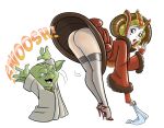 ackers23 alien dress dress_lift embarrassing funny green_skin high_heels lipstick looking_back no_panties padme_amidala red_lipstick smile star_wars stockings surprise yoda