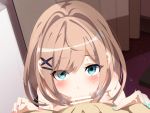 1boy 1girl brown_hair censored fellatio fingernails looking_at_viewer looking_up male/female nail_polish nijisanji nude penis pov short_hair suzuhara_lulu teal_eyes virtual_youtuber