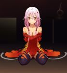 1girl aki99 bare_shoulders blush bodysuit breast_hold breasts cleavage covering covering_breasts detached_sleeves fingerless_gloves gloves guilty_crown hair_ornament hairclip high_res highres leotard long_hair off_shoulder pink_hair red_eyes sitting solo stockings thighhighs twin_tails twintails yuzuriha_inori