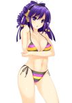  1girl :o ass_visible_through_thighs beatmania beatmania_iidx bell bikini blush breast_hold breasts chestnut_mouth cleavage collarbone drill_hair hair_bell hair_ornament headphones hifumi high_res highres hips jingle_bell kinoshita_ichi large_breasts long_hair looking_at_viewer multicolored_stripes navel open_mouth purple_eyes purple_hair shiny shiny_skin short_hair side-tie_bikini simple_background solo standing strap_gap striped striped_bikini striped_swimsuit swimsuit swimsuits thighs umegiri_hifumi white_background 