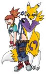 archangemon blue_panties brown_hair closed_eyes digimon embarrassing funny monster panties pants_down ponytail purple_eyes renamon rika_nonaka wedgie