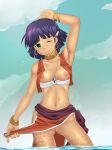 1girl armpits bob_cut bracelet breasts censored cloud dark_skin earrings fushigi_no_umi_no_nadia green_eyes hair_ornament hairclip jewelry kurone loincloth midriff nadia neck_ring necklace nipples no_panties ocean one_eye_closed pelvic_curtain purple_hair pussy shirt_pull short_hair smile solo strapless sweat tan the_secret_of_blue_water tubetop vest wading wink