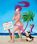 alien beach bikini bikini_pull black_eyes coppertone cyclops embarrassing funny futurama lipstick looking_back monster nibbler one_eye philip_j._fry ponytail purple_hair sea_monster tan tan_line turanga_leela