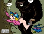  1girl anal ass bigfoot blush boots bottomless from_behind gloves hat hellstroem hiker monster monster_rape original original_character rape sasquatch sweater tree 