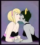 2girls arm arm_rest arms art artist_request babe back bare_arms bare_back bare_shoulders black_dress black_hair black_lipstick blonde blonde_hair breasts cleavage clenched_hand demon_girl dress eye_contact grey_skin hair hairband half-closed_eyes hand_holding homestuck horns kanaya_maryam kiss kissing lips lipstick looking_at_another love multiple_girls mutual_yuri nail_polish neck open-back_dress rose_lalonde smile strapless strapless_dress upper_body wrist_grab yuri