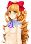 1girl aiba_ruri blush bow breasts green_eyes hair_bow heart long_hair looking_at_viewer nipples orange_hair sacred_seven serizawa_mutsuki simple_background solo sweatdrop white_background