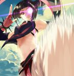 1girl bare_shoulders black_hair bracelet breasts capcom cloud detached_sleeves drill_hair elbow_gloves fingerless_gloves gloves glowing glowing_eye halter_top halterneck han_juri jewelry kabocha kabocha_(monkey4) kicking looking_at_viewer medium_breasts midriff motion_blur navel purple_eyes short_hair sky smile solo spiked_bracelet spikes street_fighter street_fighter_iv street_fighter_iv_(series) twin_drills twintails underboob