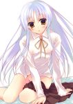  1girl amanagi_seiji angel_beats! long_hair nipples no_panties school_uniform see-through silver_hair skirt skirt_around_one_leg tachibana_kanade tenshi_(angel_beats!) yellow_eyes 