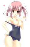  1girl absurd_res absurdres amane_ruri bad_id blue_eyes blush breasts brown_hair fang high_res highres nipples one-piece_swimsuit original school_swimsuit short_hair solo swimsuit swimsuit_pull twin_tails twintails type type_(artist) 