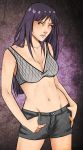 1girl bra highres hinata_hyuuga long_hair midriff mound_of_venus naruto naruto:_road_to_ninja naruto_shippuuden navel purple_eyes purple_hair shorts solo szajn-sama underwear
