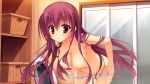  bent_over blush breasts brown_eyes dracu-riot! game_cg hanging_breasts inamura_rio kobuichi long_hair nipples panties panty_pull pink_hair purple_hair topless underwear undressing yuzusoft 