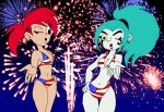  4th_of_july american_flag_bikini aqua_hair bikini black_eyes breasts cleavage crossover danny_phantom ear_piercing earrings ember_mclain fireworks foster&#039;s_home_for_imaginary_friends frankie_foster ghost green_eyes jewelry lipstick long_hair pale_skin piercings ponytail print_bikini red_hair 