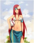 1girl alternate_eye_color bare_shoulders bikini_top female_only flower green_eyes hair_flower hair_ornament headband kushina_uzumaki long_hair looking_at_viewer midriff naruto naruto_shippuuden navel outdoors outside pruzjinka red_hair redhead sarong sky smile solo solo_female swimsuit very_long_hair volleyball