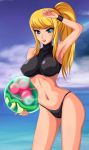 1girl alien arm_up armpits ball bangs belly big_breasts bikini blonde_hair blue_eyes blush breasts cloud erect_nipples eyes female_only hair highres holding impossible_clothes lipstick long_hair looking_at_viewer makeup metroid metroid_(creature) midriff navel nintendo objectification ocean outdoors outside ponytail samus_aran scrunchie sigurd_hosenfeld sigurdhosenfeld skin_tight sky smile sports_bikini standing swept_bangs swimsuit thong toned turtleneck water wristband