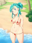 1girl areola_slip areolae bare_shoulders beach bikini blue_eyes blue_hair breasts bulma bulma_briefs collarbone dragon_ball groin looking_at_viewer micro_bikini mound_of_venus navel shikuta_maru side_ponytail smile solo swimsuit thighs water