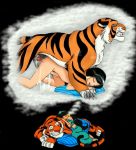  aladdin_(series) beastiality bent_over black_hair closed closed_eyes cum cum_inside cum_pool cumdrip disney dream dreaming earring earrings eyes hair hairband lipstick long_hair necklace pillow ponytail princess_jasmine rajah sleeping smile tiger 