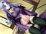 1girl bangs black_gloves black_legwear black_panties blue_eyes blue_hair blush braid breasts caster_(medea) choker clenched_teeth cum dress dress_lift dutch_angle elf embarrassed fate/stay_night fate_(series) futanari gloves indoors kneeling large_breasts lipstick long_hair makeup medea_(fate) navel panties parted_bangs penis pointy_ears precum side_braid skirt skirt_lift solo splush_wave tatami teeth testicles thighhighs thighs underwear