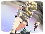 1girl arm_warmers ass assisted_exposure bird blonde_hair blush bottomless embarrassing fang funny hand_on_hip high_res looking_back looking_down mizuhashi_parsee open_mouth pointy_ears reiuji_utsuho reiuji_utsuho_(bird) short_hair solo surprised sweatdrop touhou tsuki_wani