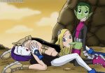  bbmbbf beast_boy blonde_hair breasts cum dc dc_comics fellatio green_hair hair long_hair nipples oral palcomix palcomix_vip raven_(dc) short_hair teen_titans terra threesome 