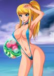 1girl alien areolae arm_up armpits bangs big_breasts bikini blonde_hair blue_eyes blush breasts cameltoe choker cleavage cloud curvy erect_nipples eyes female_only high_res highres holding lipstick long_hair looking_at_viewer makeup metroid metroid_(creature) navel nintendo ocean one-piece_swimsuit outside ponytail samus_aran scrunchie sigurd_hosenfeld sigurdhosenfeld sky sling_bikini smile solo standing strap_gap swept_bangs swimsuit toned water