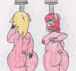  anthro ass bbw blonde_hair blush breasts embarrassing furry kamehamehadude looking_back nipples original patty_(kamehamehadude) penny_(kamehamehadude) pig red_eyes red_hair shower surprise water wet wide_hips 