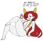 1girl 2019 barefoot darkeros dialogue disney hekapoo horns red_hair simple_background sling_bikini star_vs_the_forces_of_evil sunscreen swimsuit