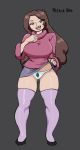 1girl 2019 big_breasts braces breasts brown_eyes brunette darkeros dialogue disney gravity_falls long_hair mabel_pines older open_mouth panties skirt skirt_lift smile stockings sweater tongue