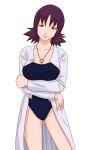  1girl art artist_request babe bare_legs big_breasts breast_hold breasts brown_eyes collarbone crossed_arms head_tilt labcoat legs long_sleeves looking_at_viewer neck necklace nintendo one-piece_swimsuit pokemon pokemon_(anime) professor_ivy purple_hair short_hair simple_background smile standing swimsuit uchikido_(pokemon) white_background 