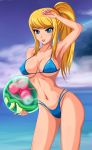 1girl alien arm_up armpits ball big_breasts bikini blonde_hair blue_eyes breasts cameltoe cleavage curvy erect_nipples eyes female_only high_res highres long_hair metroid metroid_(creature) navel nintendo objectification ocean ponytail samus_aran sigurd_hosenfeld sigurdhosenfeld solo string_bikini swimsuit thong toned water