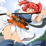 1girl ario big_breasts blush breasts cleavage embarrassing female fundoshi hair_bobbles hair_ornament large_breasts onozuka_komachi red_eyes red_hair scythe solo surprise touhou twin_tails twintails wardrobe_malfunction