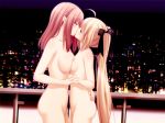 2_female_humans 2_females 2_humans 2girls ahoge asymmetrical_docking balcony blonde_hair blush bow breast_press breasts brown_hair city cityscape couple duo female game_cg hair hair_ornament hair_ribbon hairclip holding_hands houraisen_runa interlocked_fingers kani_biimu kiss kissing long_hair medium_breasts multiple_girls night nude petals pink_hair ribbon shiny shiny_skin small_breasts sono_hanabira_ni_kuchizuke_wo standing suminoe_takako twintails yuri