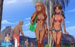  2_girls 2girls alcohol areola_slip areolae asuka_langley_souryuu bag bald beer bikini bikini_top blonde_hair blue_eyes blush bracelet brazil breasts brown_eyes brown_hair can cutoffs dark_skin denim denim_shorts freckles ganguro green_nails hair hair_bobbles hair_ornament hikari_horaki jewelry lips long_hair looking_back micro_bikini multiple_boys multiple_girls nail_polish navel navel_piercing neon_genesis_evangelion nipple_piercing orange_hair palm_tree piercing red_nails rio_de_janeiro short_shorts shorts sky string_bikini sunglasses swimsuit tan tan_line tanned tekuho_(artist) tekuho_no_habo topless tree twin_tails unbuttoned watermark web_address 