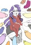 1girl big_breasts breasts bukkake closed_eyes cum cum_in_mouth cum_on_breasts ejaculation friendship_is_magic glasses humanized kneel long_hair maniacpaint miniskirt multiple_penises my_little_pony open_mouth penis purple_hair rarity red_sweater skirt sleeves_past_wrists sweater thighhighs tongue tongue_out zettai_ryouiki