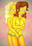 artist_request breasts cleavage cover_up female hugging rachael_jordan sara_sloane the_simpsons topless yellow_skin yuri