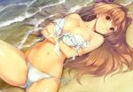 1girl absurdres akatsuki_shion anime areolae beach bikini breast_hold breasts brown_eyes brown_hair cleavage crossed_arms d-eve_in_you dengeki_hime front-tie_top gokokukyou hair_intakes hair_ribbon highres long_hair looking_at_viewer lying navel on_back orange_eyes ribbon sand side-tie_bikini solo source_request swimsuit untied water