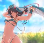 1girl alluring asakura bare_legs bra brown_eyes green_hair holding_pants necklace panties pants_removed soul_calibur talim