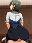  1girl ass black_eyes black_hair buttjob censored feet from_behind high_heels high_res highres huge_ass looking_back lying penis serious shirafuji_kyouko short_hair sitting sitting_on_person skirt uniform working!! 