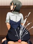  1girl ass black_eyes black_hair buttjob censored cum cum_explosion cum_on_ass cum_on_body cum_on_lower_body cumshot ejaculation feet from_behind grinding high_heels high_res highres huge_ass looking_back penis serious shirafuji_kyouko short_hair sitting sitting_on_person skirt uniform working!! 