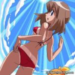 1girl :d adjusting_bikini arm arms art artist_request ass babe back bare_arms bare_legs bikini blue_eyes breasts brown_hair butt_crack cloud from_below game_freak haruka_(pokemon) humans_of_pokemon legs looking_at_viewer looking_back may_(pokemon) midriff nintendo open_mouth pokemon pokemon_(anime) pokemon_(game) pokemon_diamond_pearl_&_platinum pokemon_dppt pokemon_rse red_bikini red_swimsuit short_hair sky smile standing sun swimsuit tan tan_line torchic