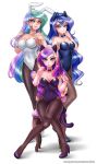 3_girls 3girls breasts bunny_ears cat_ears choker clothed earrings female_only friendship_is_magic high_heels humanized leotard long_hair looking_at_viewer my_little_pony pantyhose princess_cadance princess_celestia princess_celestia_(mlp) princess_luna princess_luna_(mlp) racoonkun sitting standing