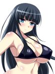  1girl bangs bikini bikini_top black_bikini black_hair blue_eyes blunt_bangs blush breasts cleavage erect_nipples ikaruga_(senran_kagura) large_breasts long_hair looking_at_viewer megane_man navel senran_kagura simple_background strap_gap swimsuit very_long_hair white_background 