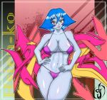 1girl big_breasts bikini blue_hair blue_skin breasts brown_eyes darkstalkers hand_on_hip hat hsien-ko lei-lei navel purple_bikini saikijin short_hair smile solo swimsuit